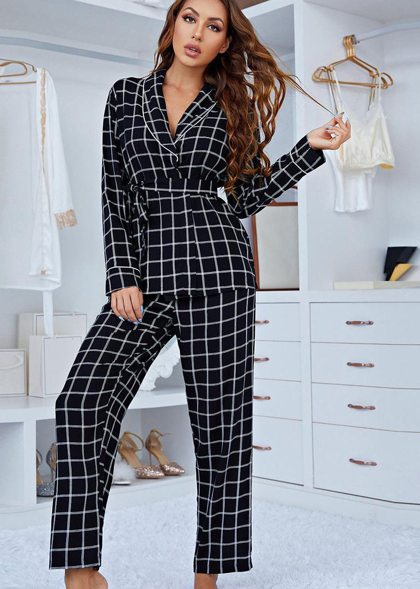Black and white checkered long sleeve pajama set with belted blazer and wide-leg pants