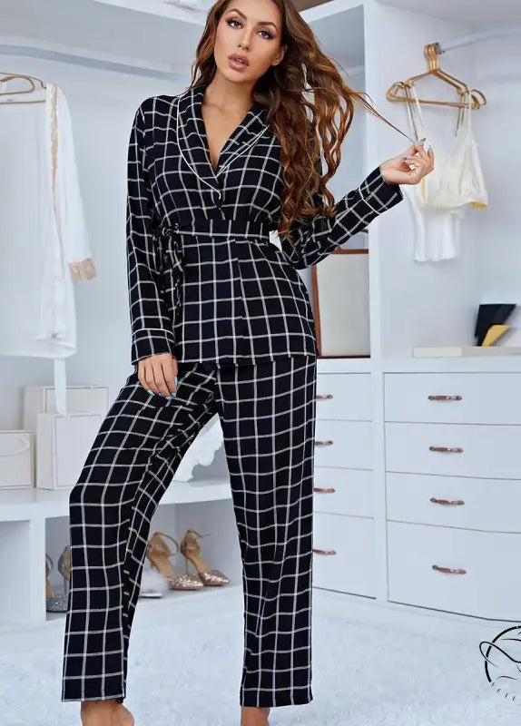 Comfy Plaid long sleeve black and white checkered pajama set with belted blazer and wide-leg pants