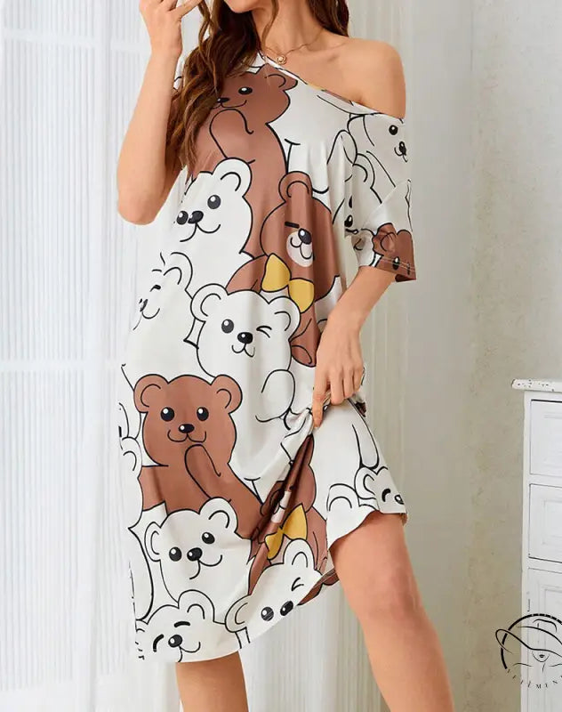 Women’s off-the-shoulder pajamas dress home wear with bear print