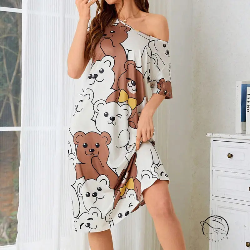 Women’s off-the-shoulder pajamas dress home wear with bear print