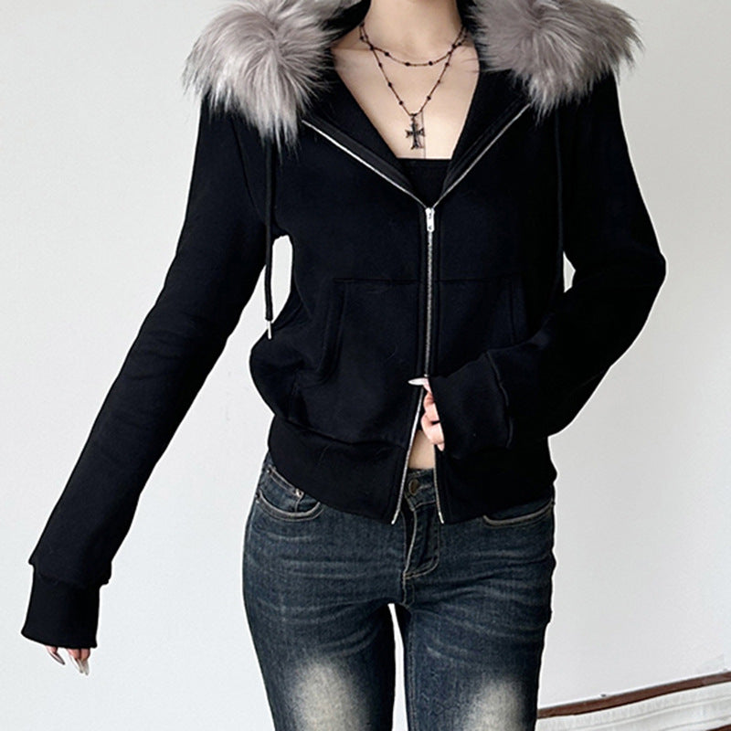 Black zip-up hoodie with grey faux fur trim from Street Retro Hooded Furry Splicing Coat, stylish langry fashion