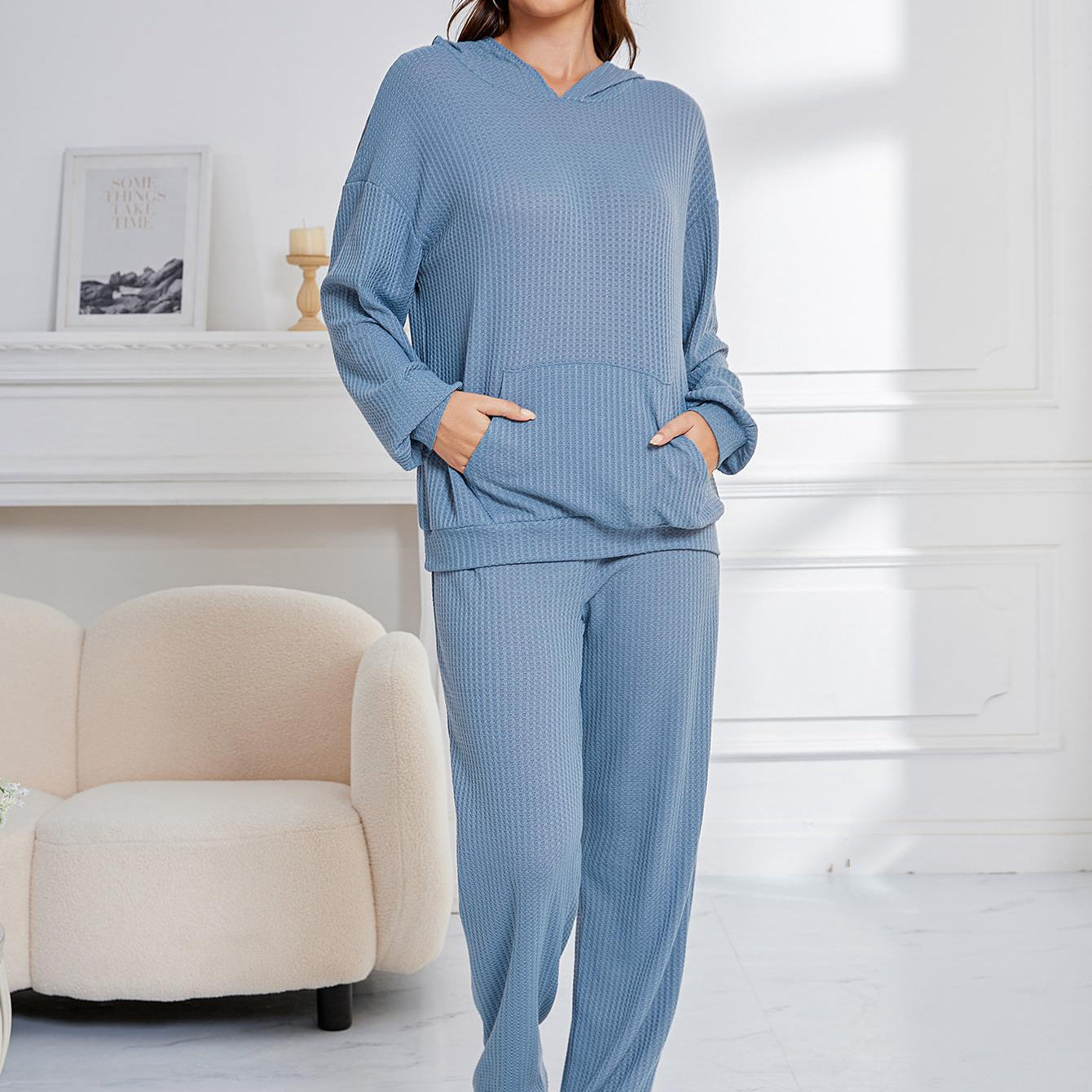 Blue ribbed knit lounge set from Hooded Casual Suit Women’s Fashion ملابس for home wear