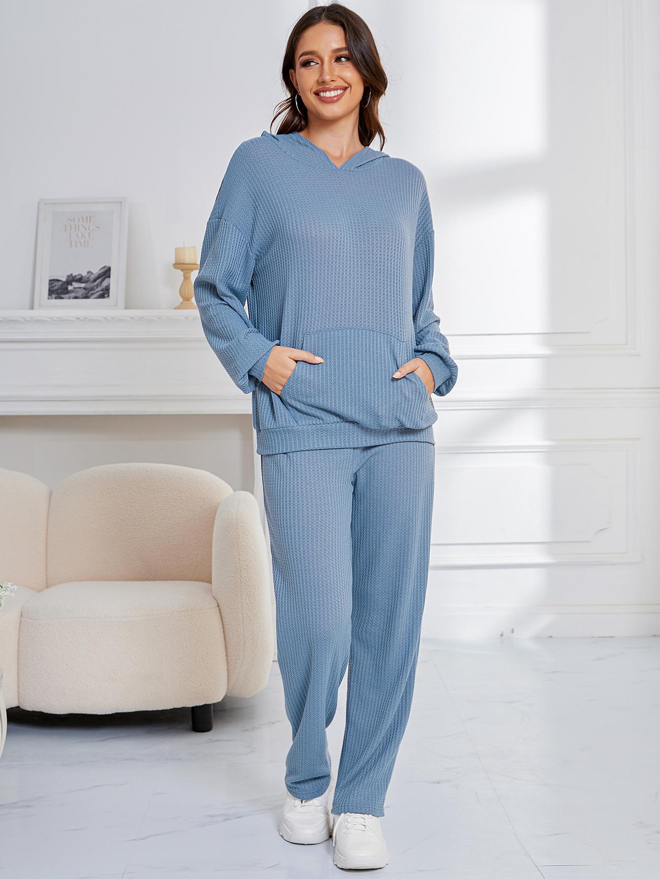 Blue ribbed knit lounge set from Hooded Casual Suit Women’s Fashion ملابس for home wear