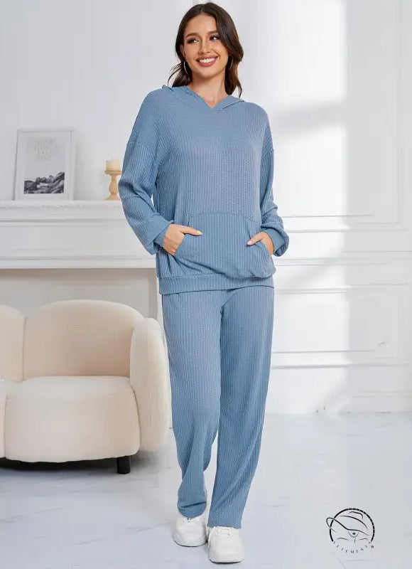 Blue ribbed knit hooded casual suit lounge set for women