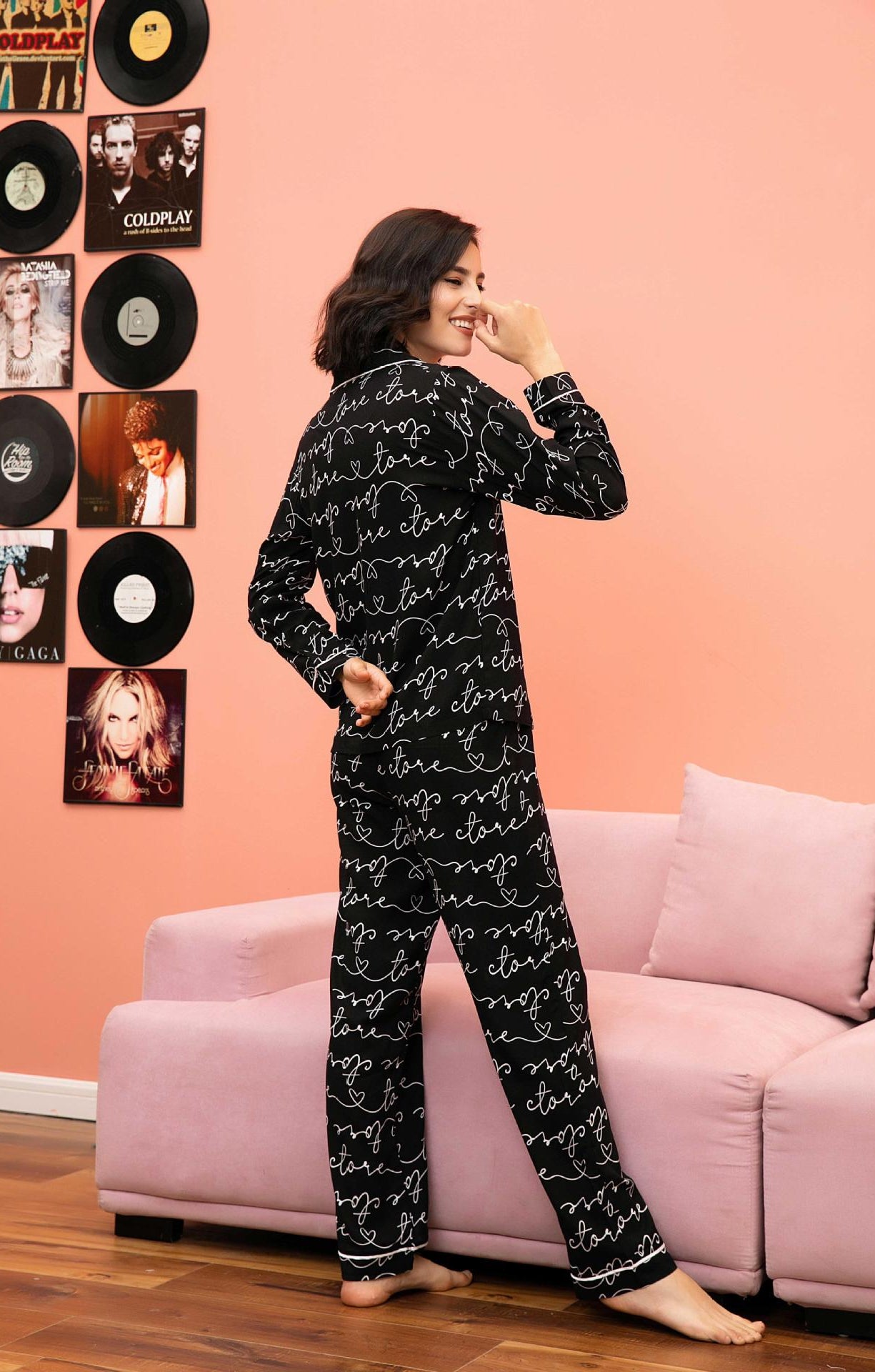 Black and white patterned Langry comfy cotton cardigan pajama suit