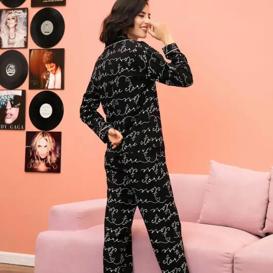 Black and white langry fashion pajama set in comfy cotton cardigan suit