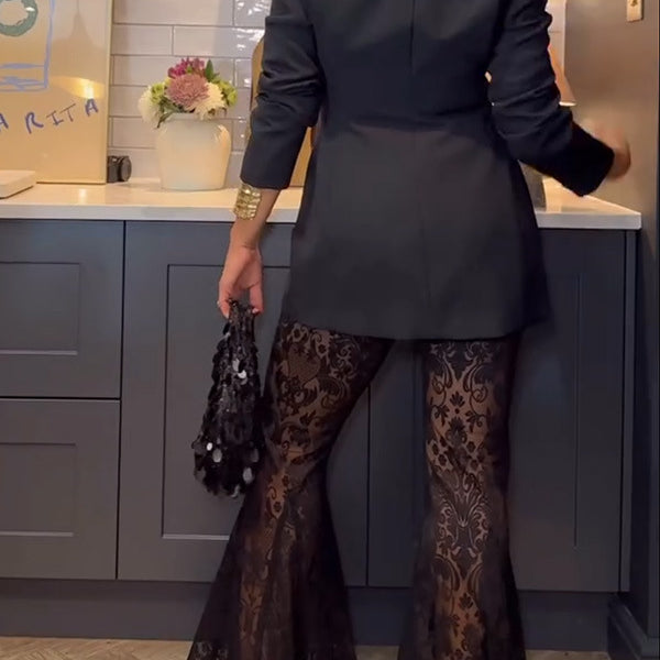 Woman in a black blazer and lace pants from the Langry Casual Loose Lace Two Piece Set