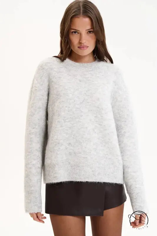 Light gray speckled winter loose long wool alpaca round neck sweater