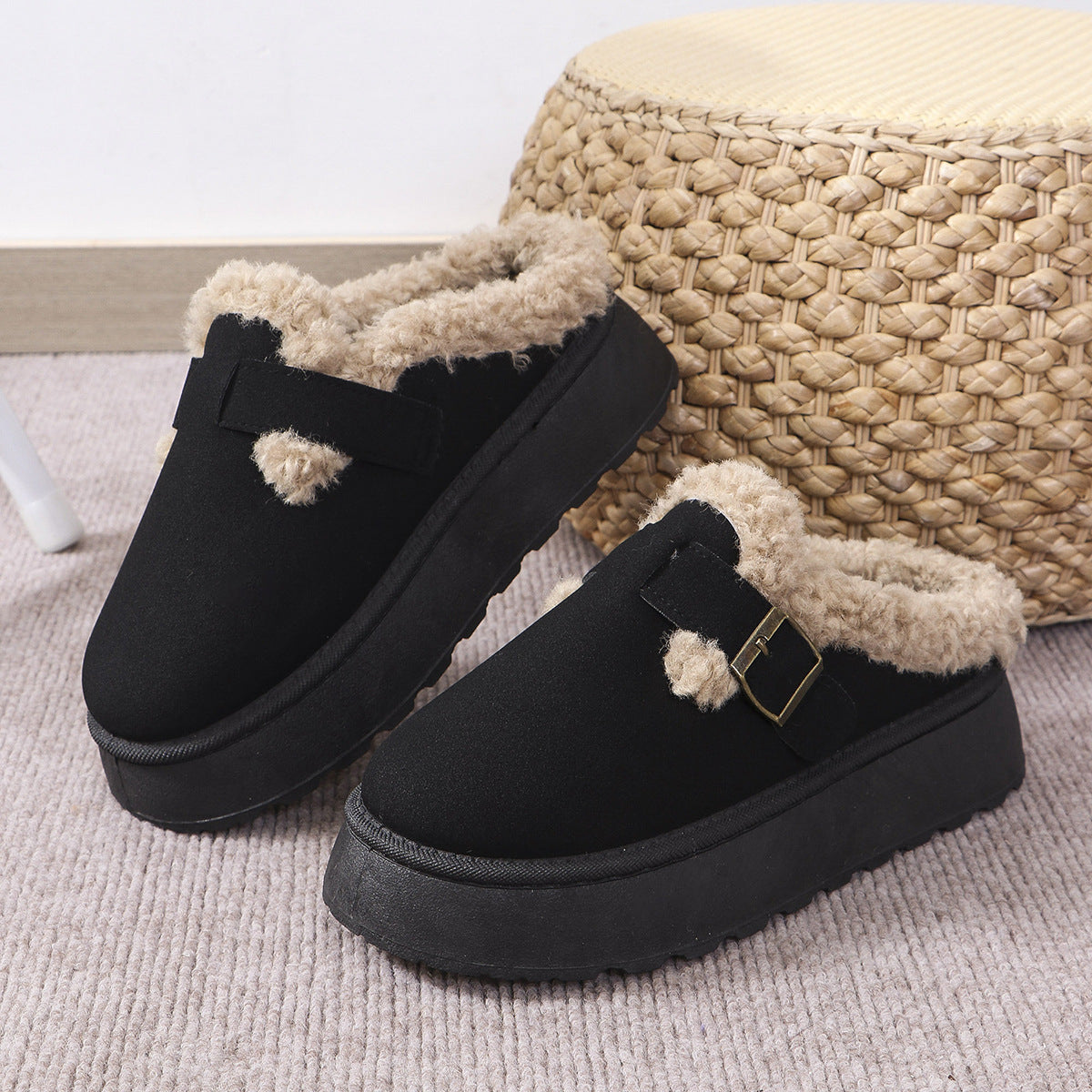 Black platform clogs with faux fur trim for casual thermal cotton slippers in fashion
