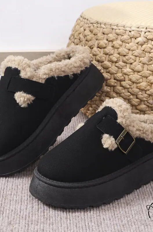 Black platform clogs with faux fur trim from Langry fashion slippers