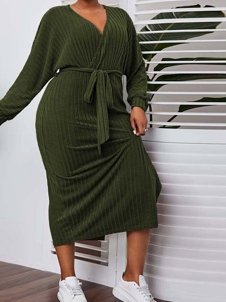 Elegant olive green ribbed knit midi dress with V-neck and self-tie belt for fashion