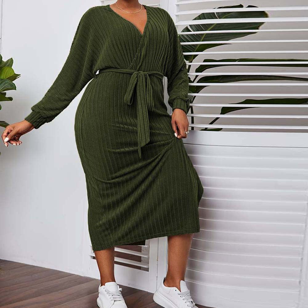 Elegant olive green ribbed knit midi dress with V-neck and self-tie belt for fashion