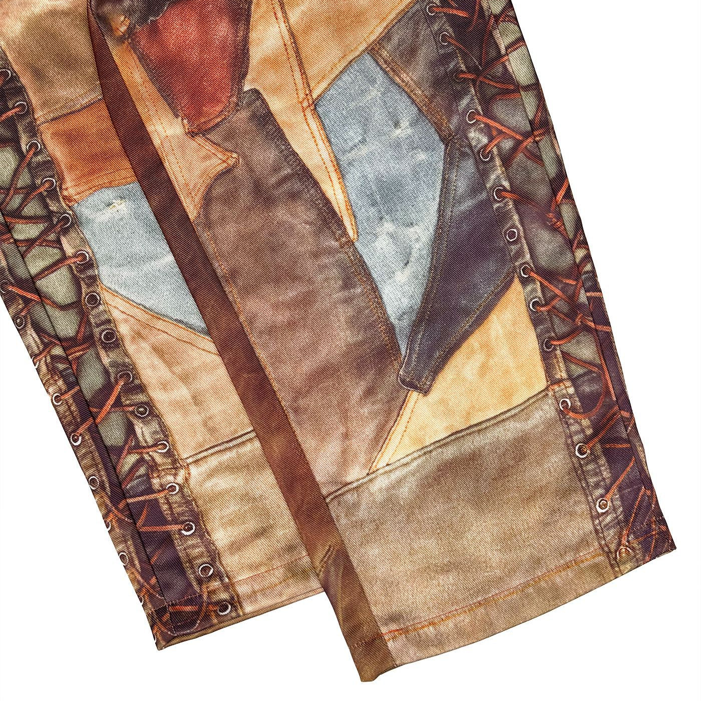 Patchwork leather jacket sleeve in brown, tan, and blue enhances Langry fashion style