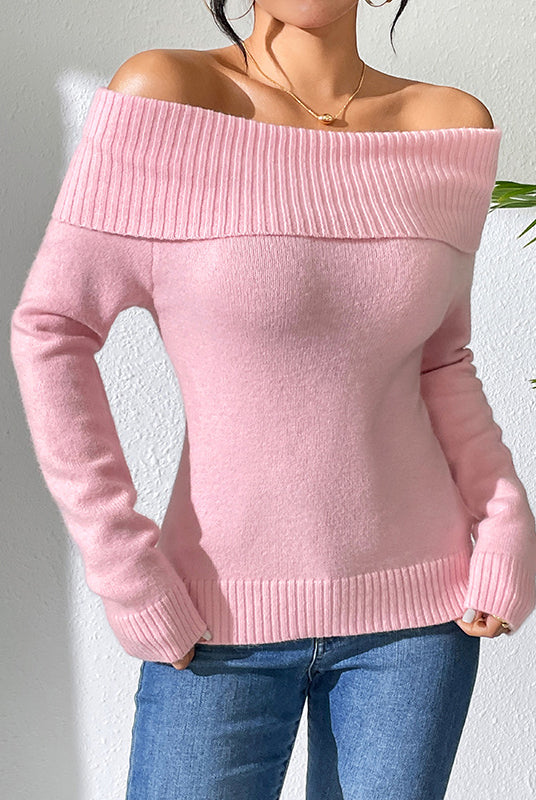 Pink off-the-shoulder knitted solid color bottoming sweater for women