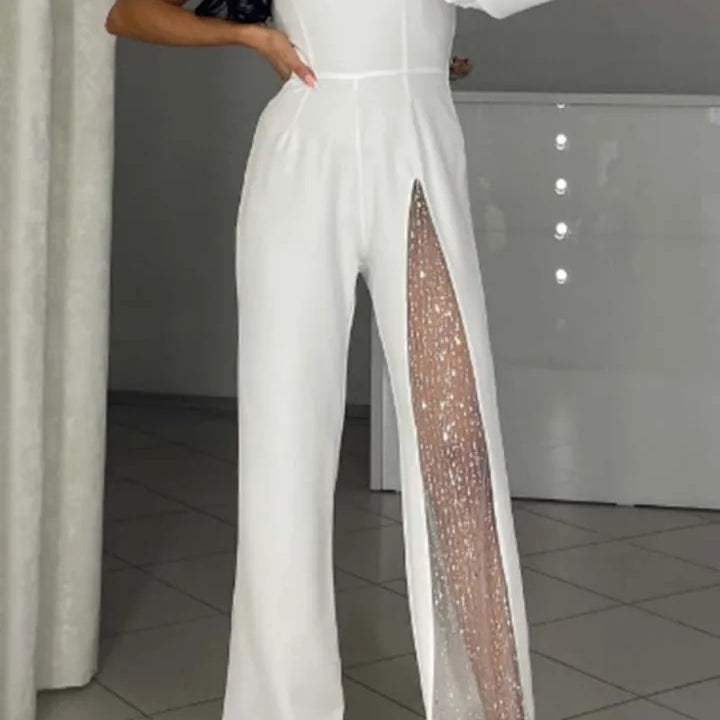 Elegant white one-shoulder jumpsuit with sequined slit from New Fall High Slit Jumpsuit collection, perfect for langry fashion and ملابس