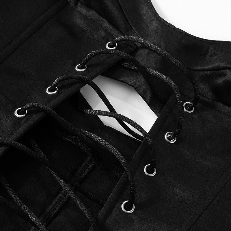 Elegant black laced backless boning corset showcasing intricate boning details