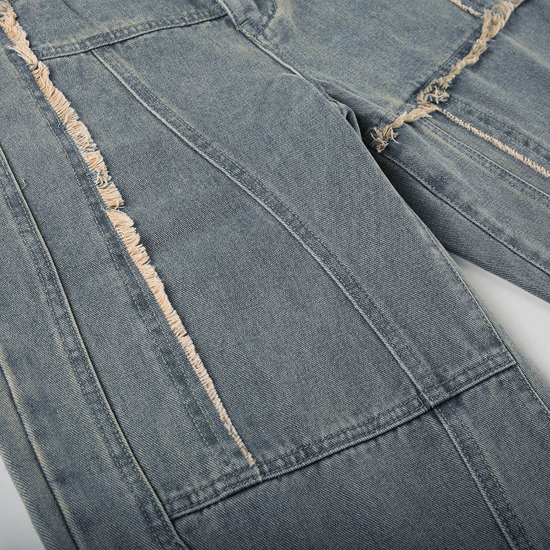Blue denim patchwork jeans from Frayed Washed Loose Jeans collection, stylish and fashionable ملابس