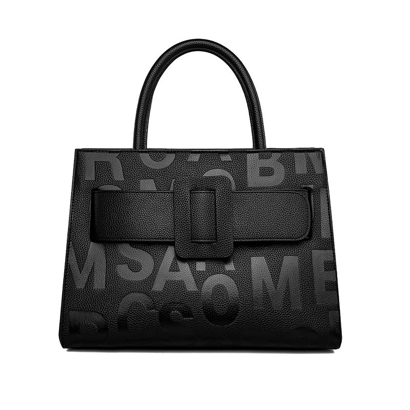 Black leather Retro Letter Graphic Handbag featuring text pattern and front buckle detail