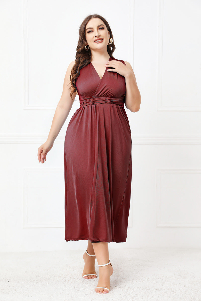 Elegant Burgundy sleeveless midi dress from Langry Fashion, perfect for ملابس events