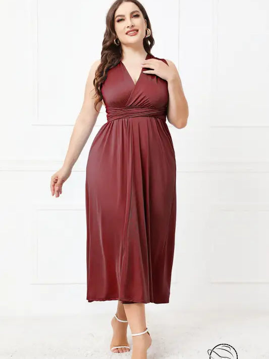 Elegant cross backless burgundy sleeveless midi dress
