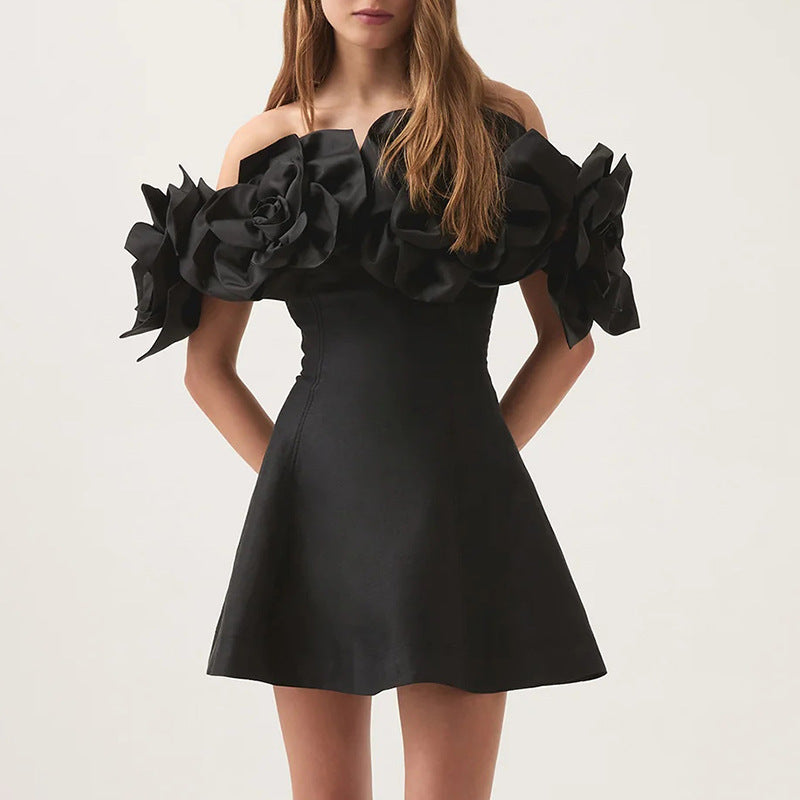 Black off-shoulder mini dress with ruffled sleeves for elegant fashion ملابس looks