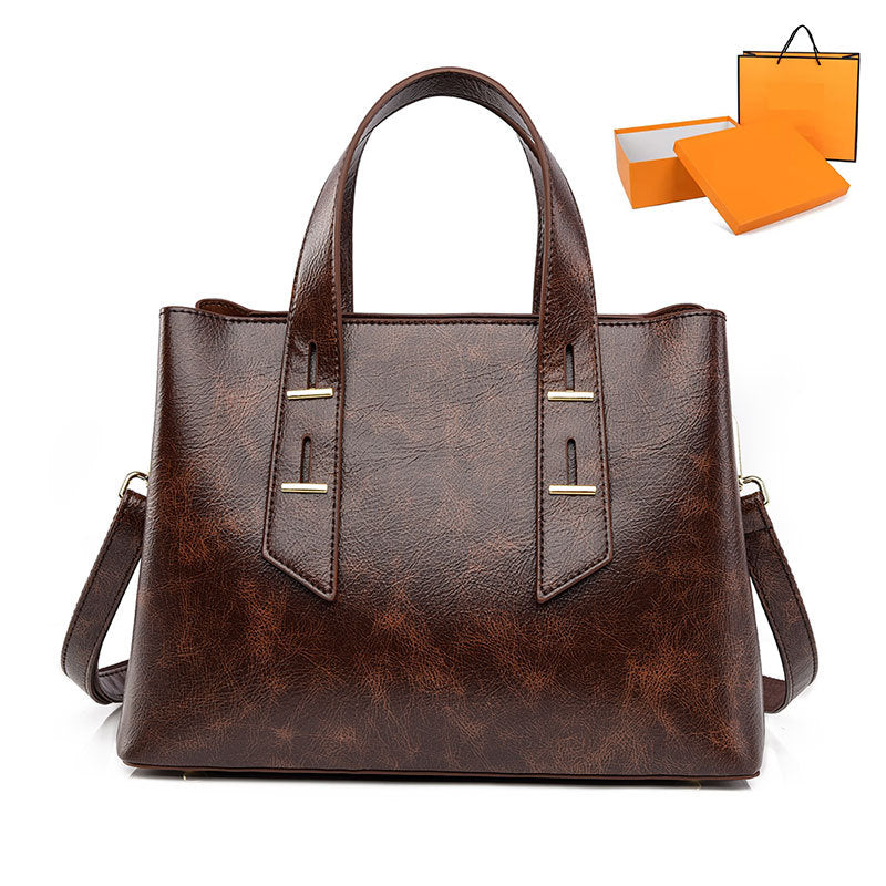 Langry fashion brown leather tote bag with silver hardware