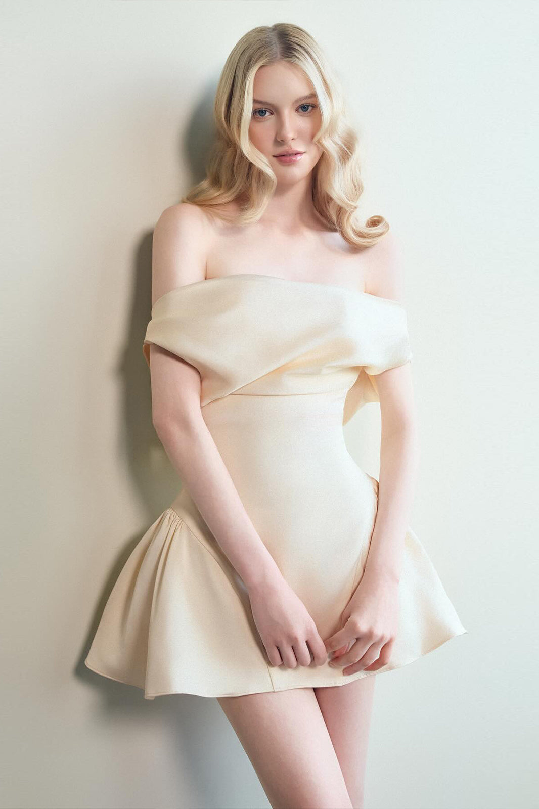 Langry fashion cream off-shoulder satin dress with ruffled skirt