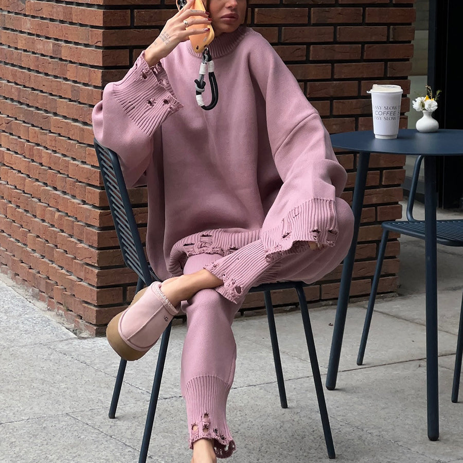 Winter Knitted Ankle Tight Pants Turtleneck Sweater Set