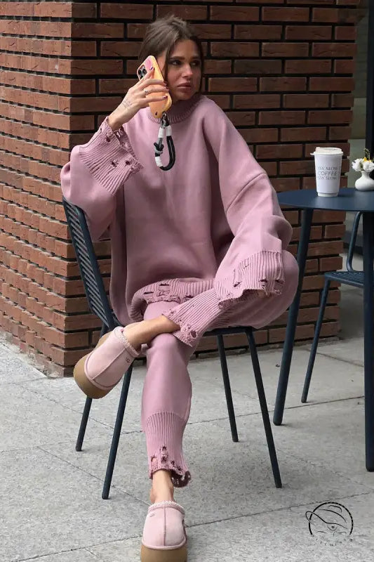 Winter Knitted Ankle Tight Pants Turtleneck Sweater Set