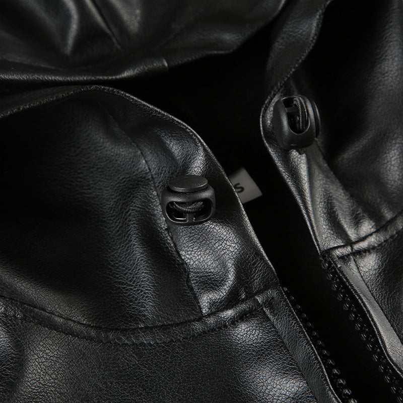 Black faux leather hooded jacket from the Loose Zipper Leather Jacket collection