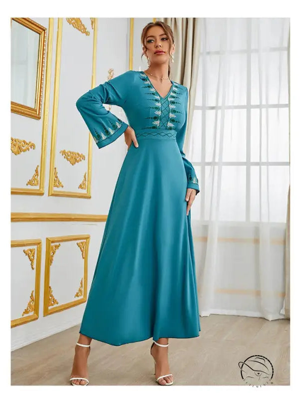 Elegant teal V-neck high-waist langry fashion maxi dress with white embroidery