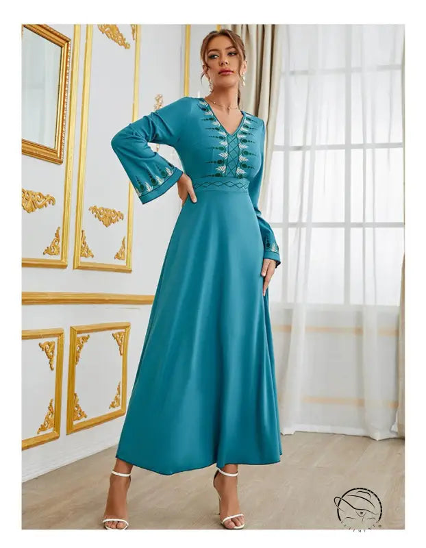Elegant teal V-neck high-waist langry fashion maxi dress with white embroidery