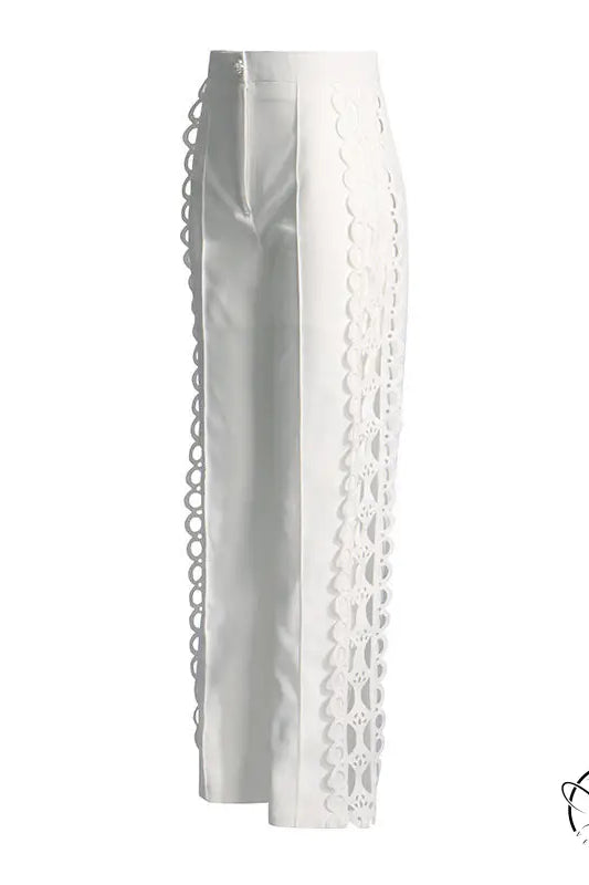 French artistic palace embroidery jumpsuit with white high-waisted wide-leg pants and scalloped trim