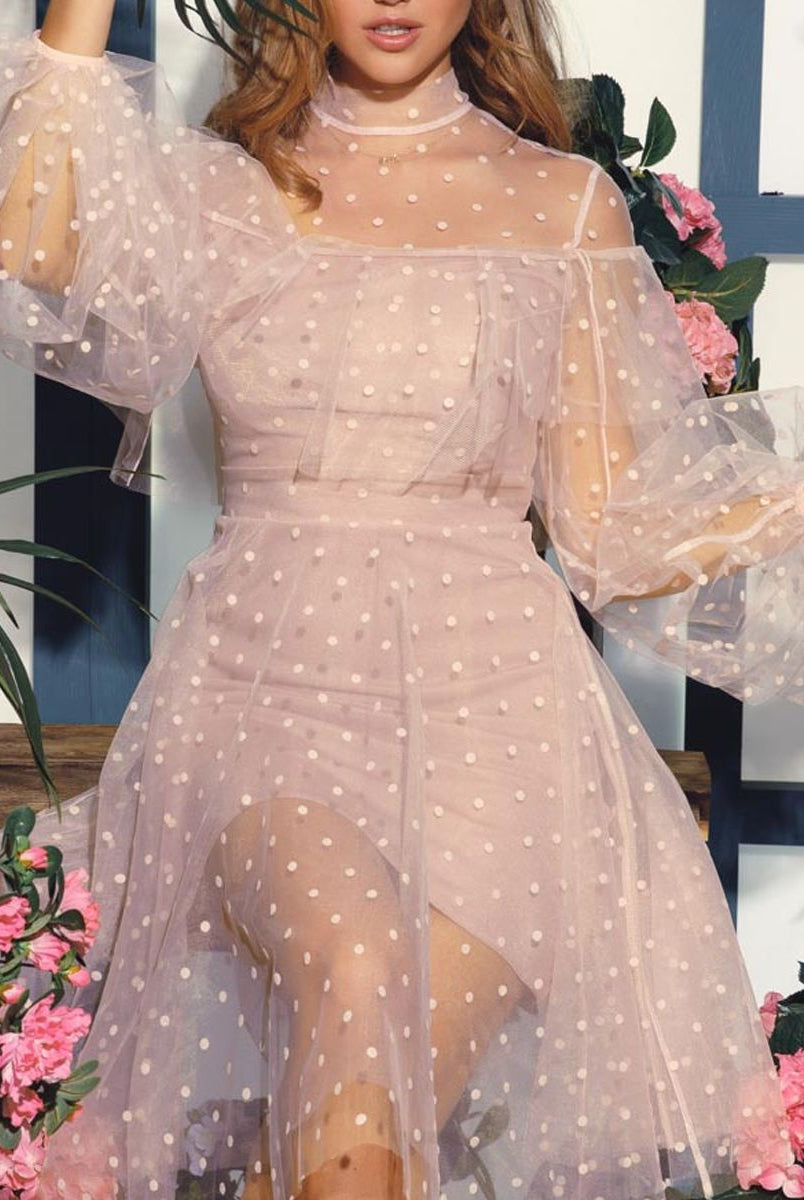Elegant Evening Dress featuring a sheer polka dot design, puffy sleeves in light beige color