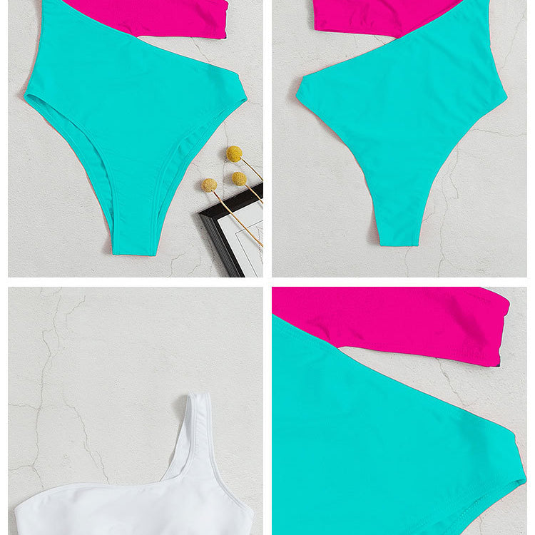 Colorful one-shoulder swimsuit with cutout high waist for beach beauty and multicolor style