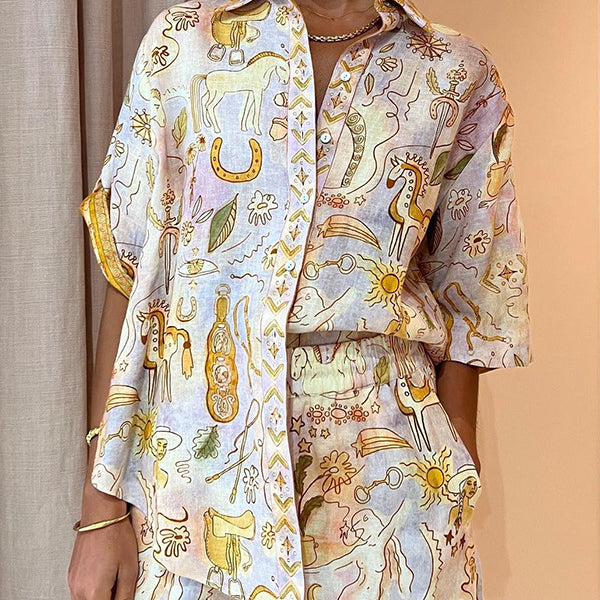 Printed linen pajama set showcasing summer casual fashion and ملابس for women