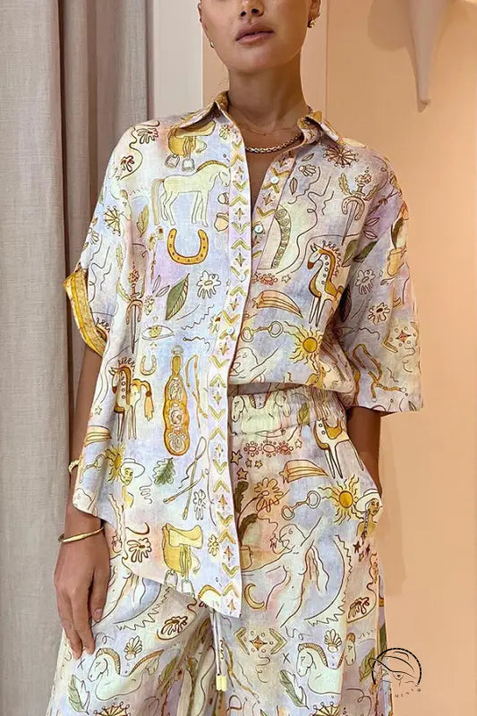 Summer casual printed linen pajama set for women