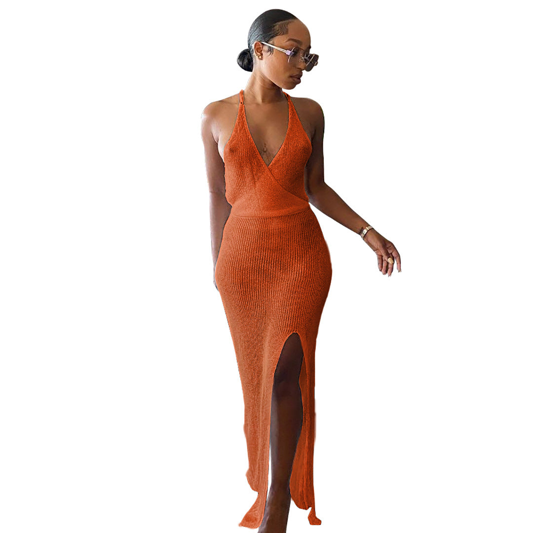 Orange knitted beach maxi dress with thigh-high slit showcasing stylish beach maxi dress design