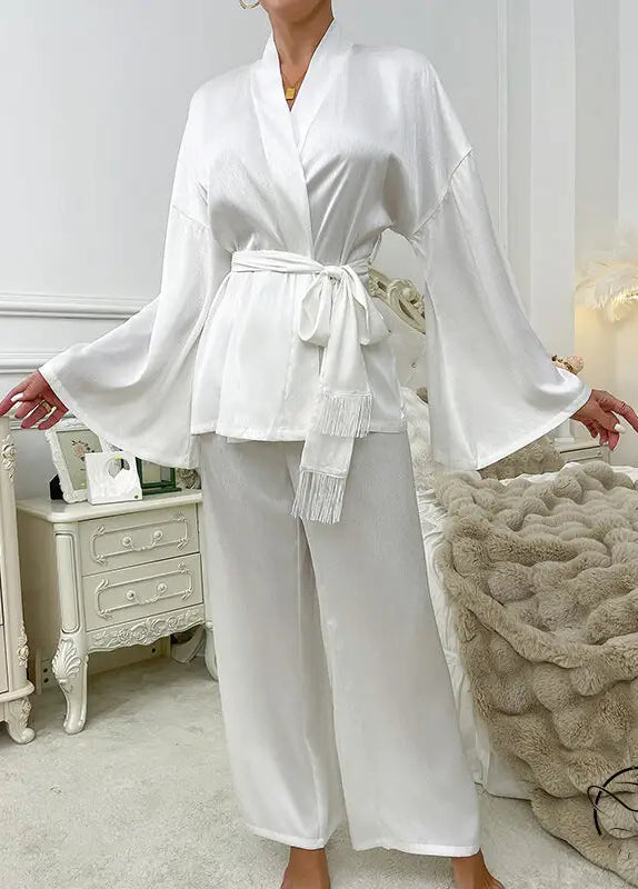 White langry satin robe with wide sleeves and fringed belt in fashion home wear