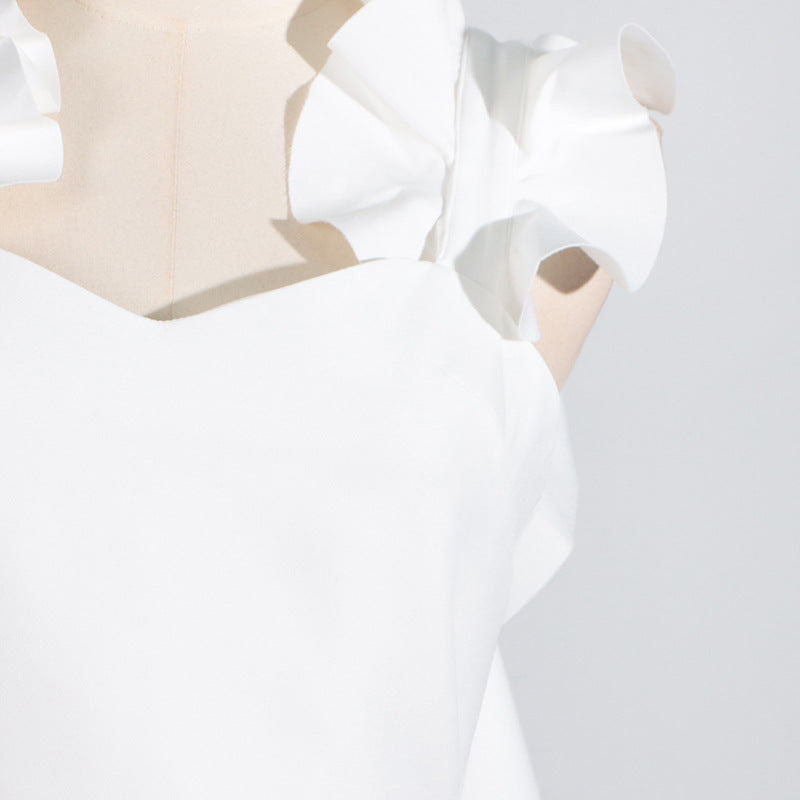 White ruffled blouse featured in High Grade Stitching Floral Summer Dress for women