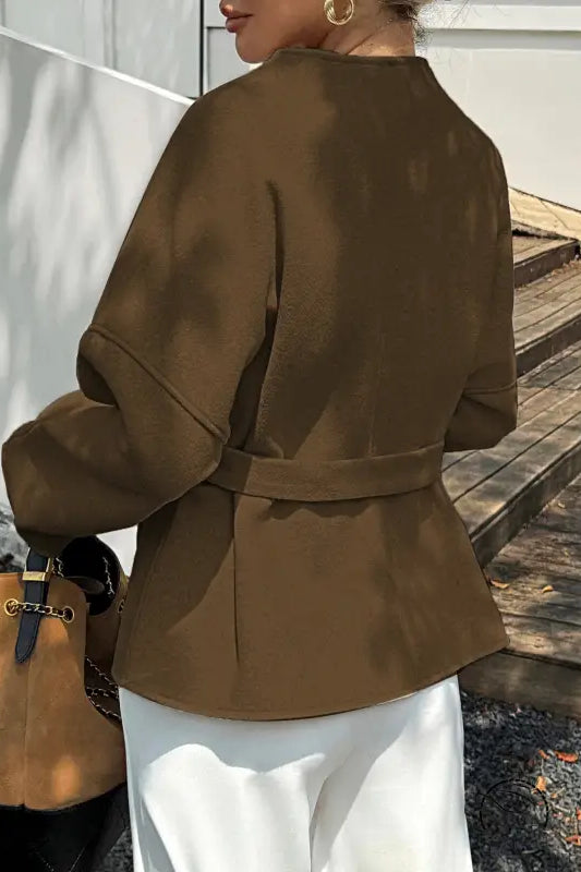 Olive green belted long sleeve blazer in langry fashion ملابس