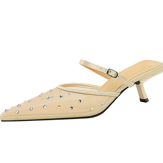 Langry beige rhinestone kitten heel mule sandal with pointed toe