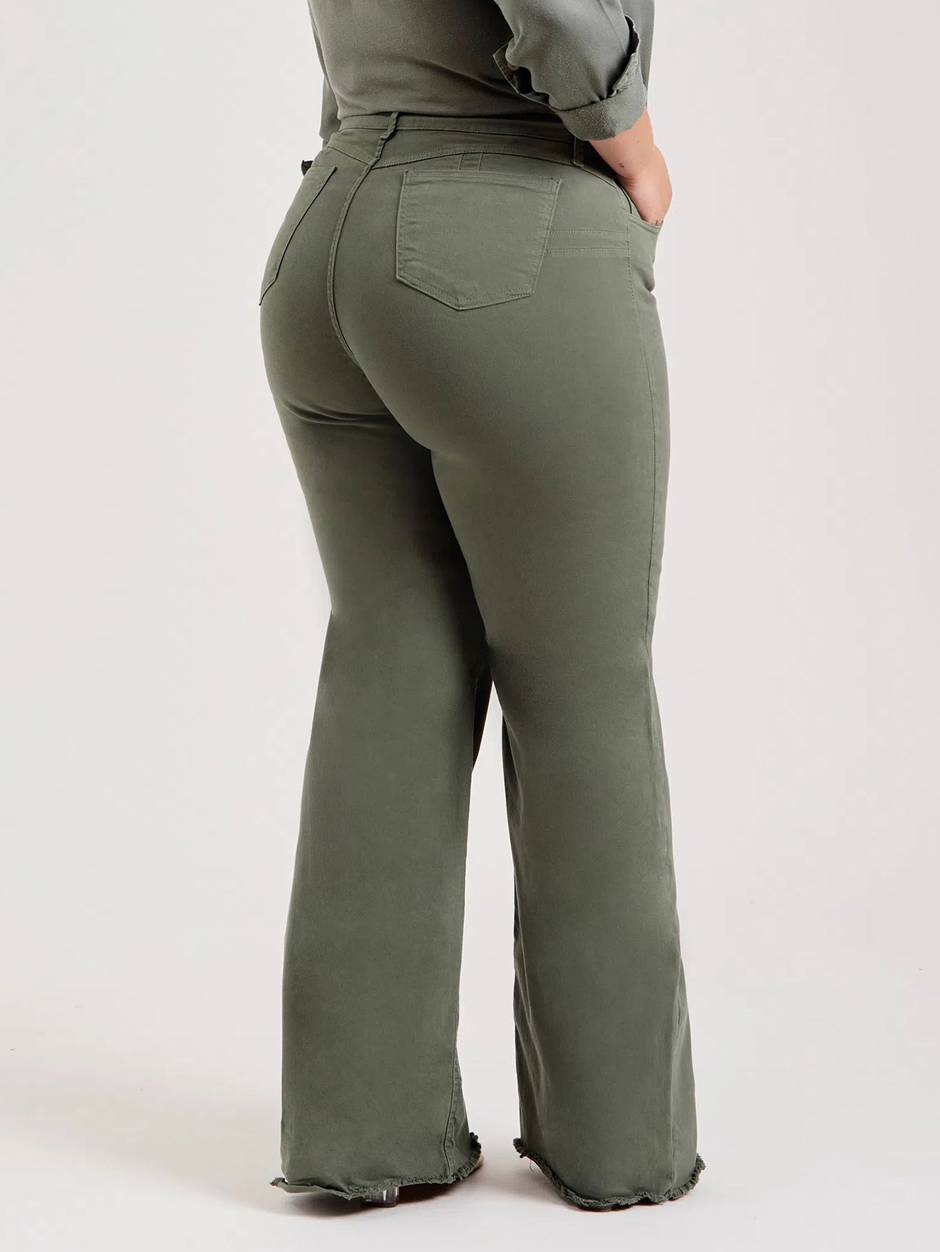 Olive green flared jeans in Slim Fit Stretch Solid Color Frayed Flared Pants Women Jeans fashion
