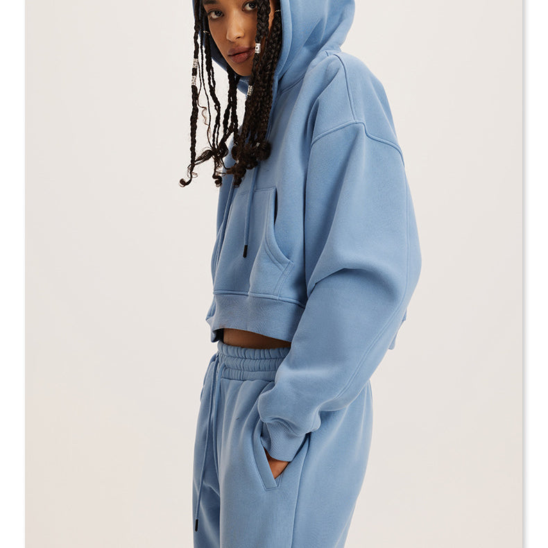 Light blue cropped hoodie and sweatpants set from Winter Retro Hooded Pullover fashion ملابس