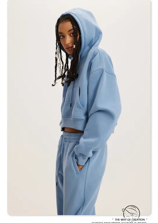 Langry winter retro hooded pullover in light blue cropped hoodie and sweatpants set