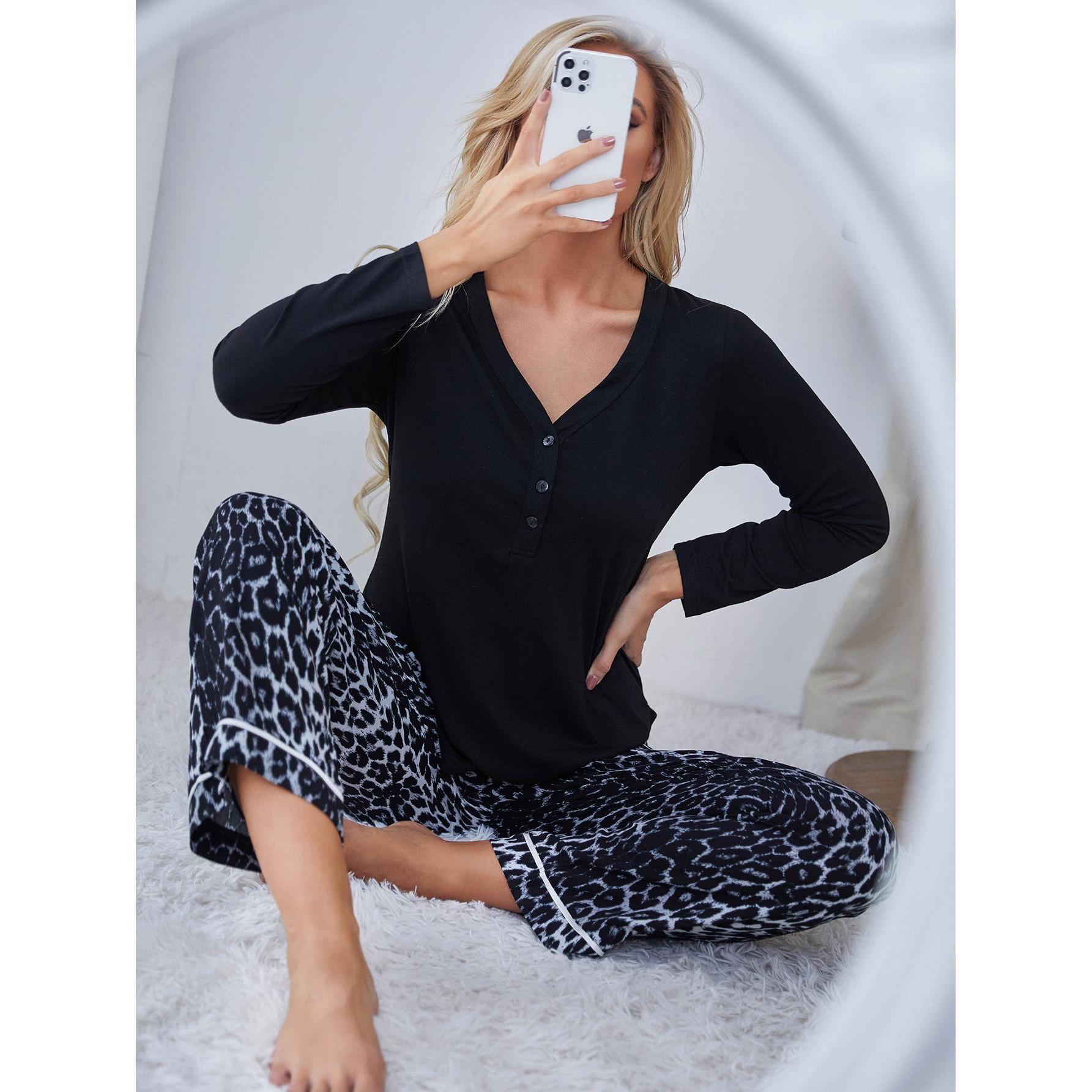 Black langry leopard print winter pajamas with white piping