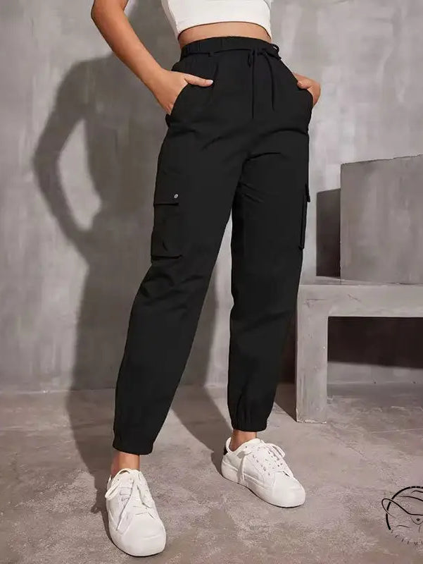 High waist wide leg langry cargo jogger pants with white sneakers