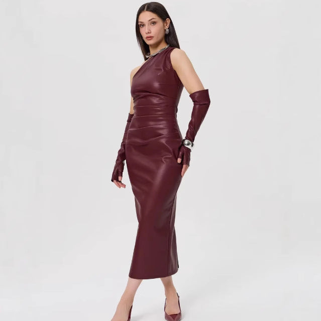 Sleeveless burgundy leather midi dress with matching gloves for stylish fashion ملابس