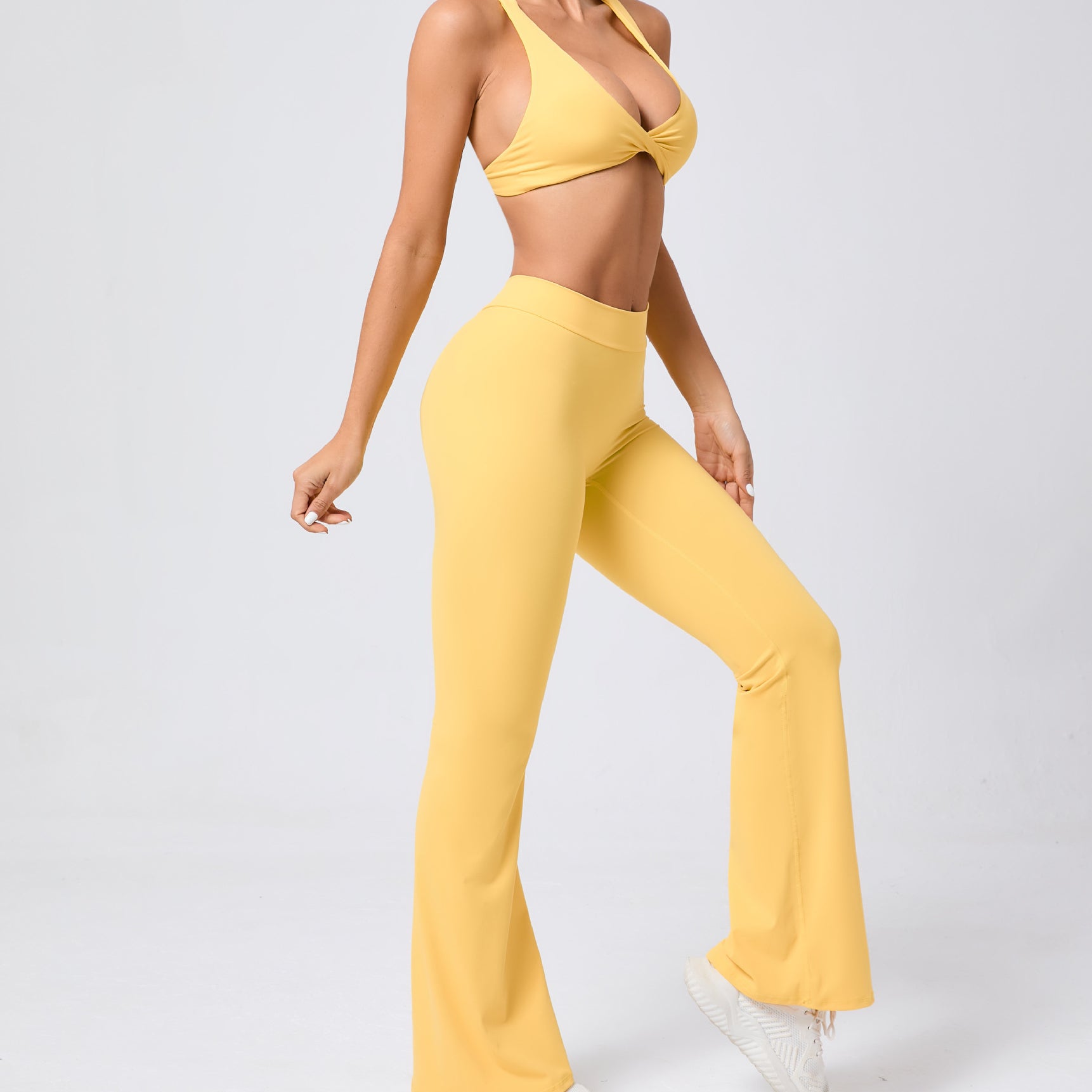 Peach hip raise tight brushed yoga flared pants with high waist tie front