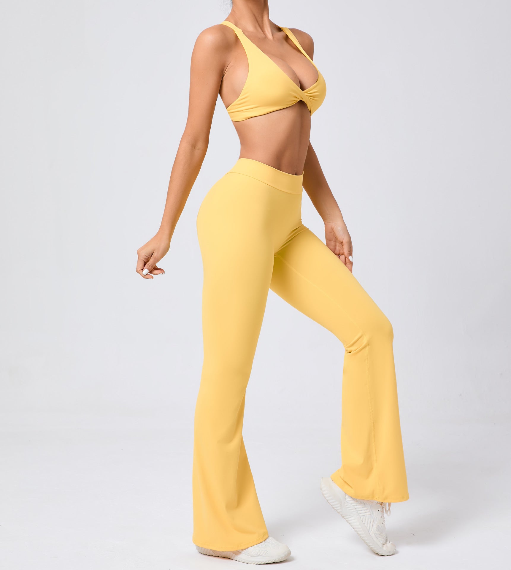 Peach hip raise tight brushed yoga flared pants with high waist tie front